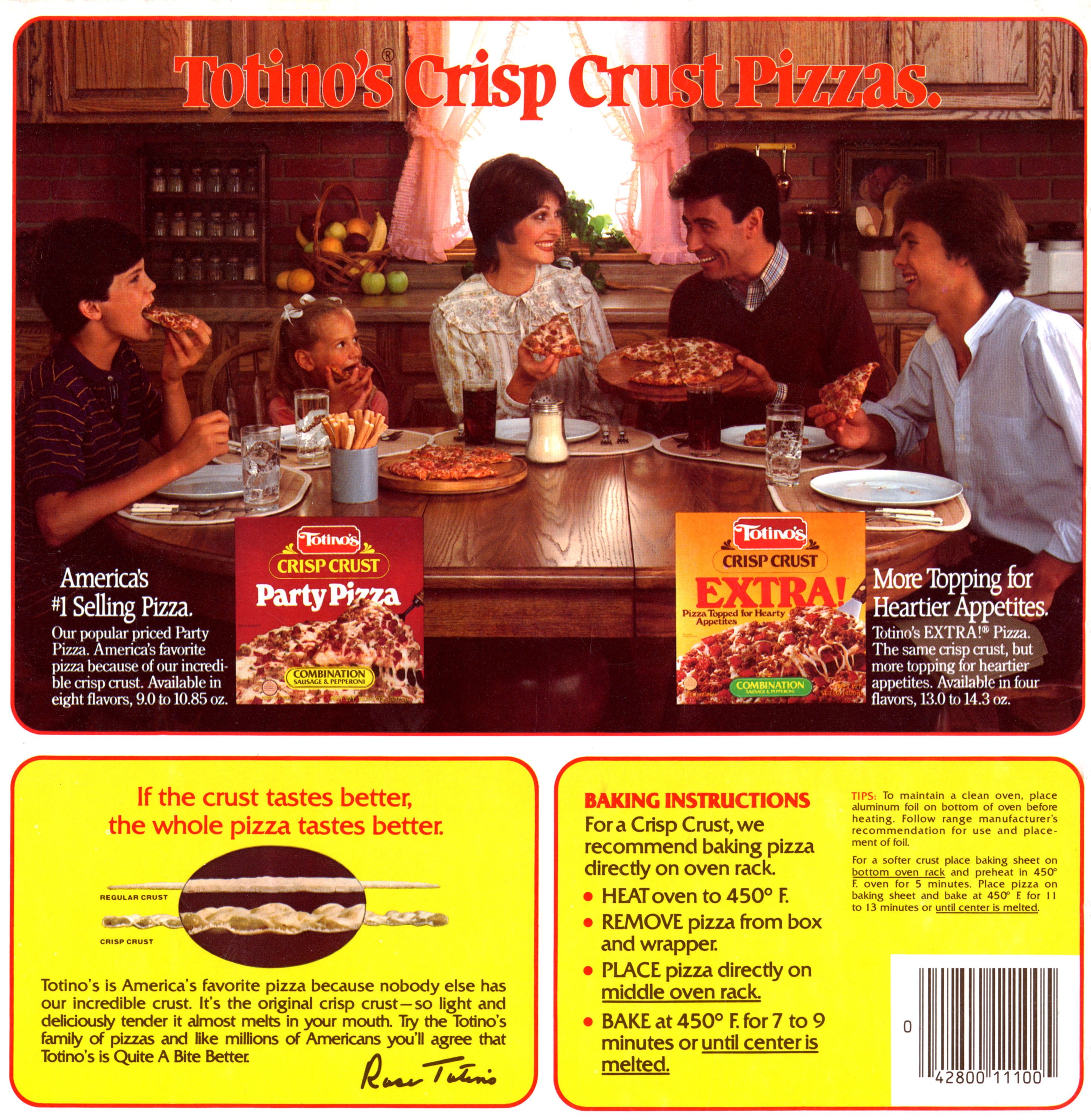 Back of Totino's Pizza Party package from 1983. Features a picture of a family eating a pizza around their kitchen table with text that reads "Totino's Crisp Crust Pizza. Bottom of package has two yellow boxes, the first that reads "If the crust tastes better, then whole pizza tastes better." and highlights a side view of Totino's crisp pizza crust compared to a flat regular crust. The second box list out baking instructions and tips to cook the pizza.