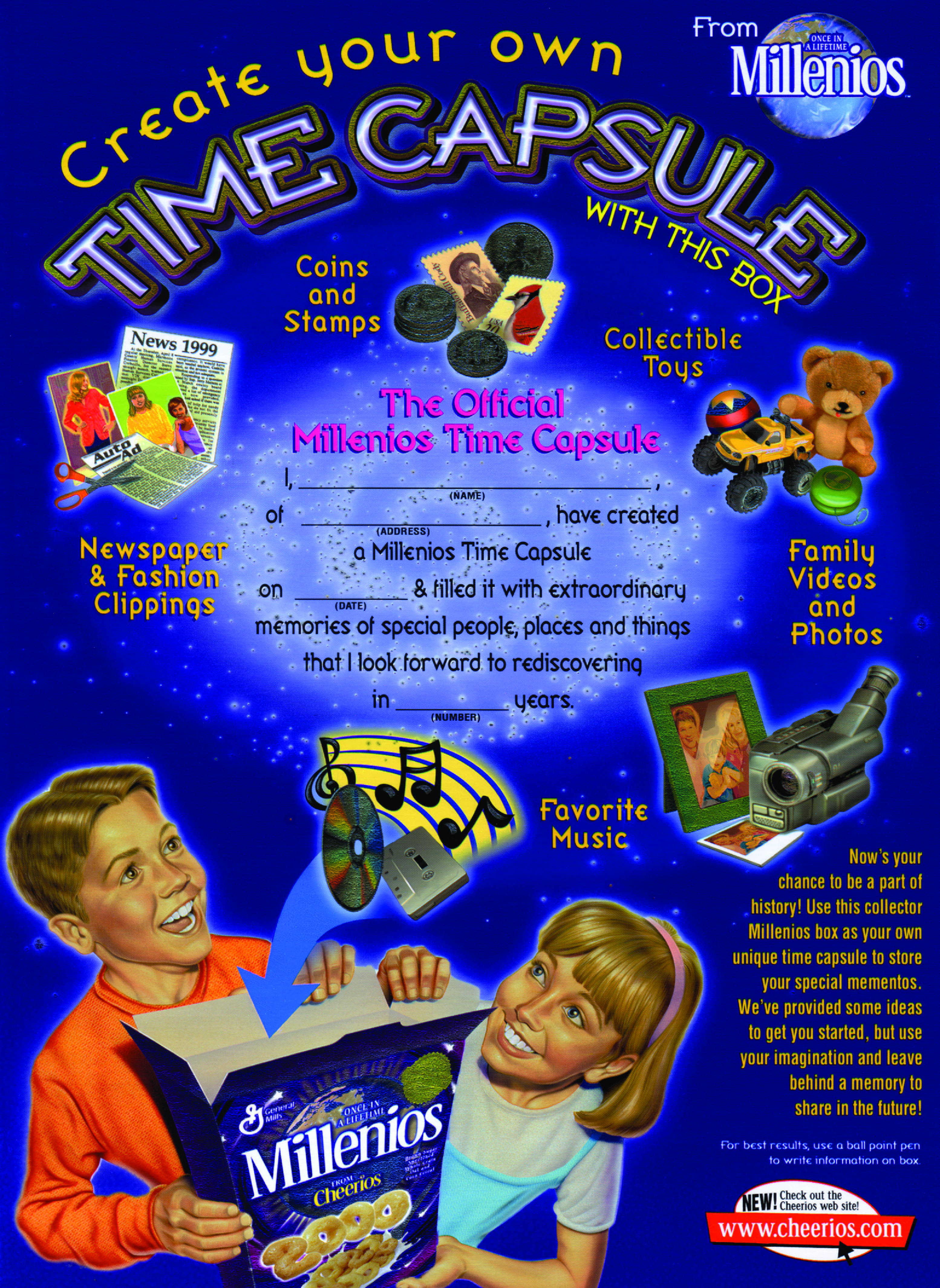 Back of Cheerios millenios cereal box