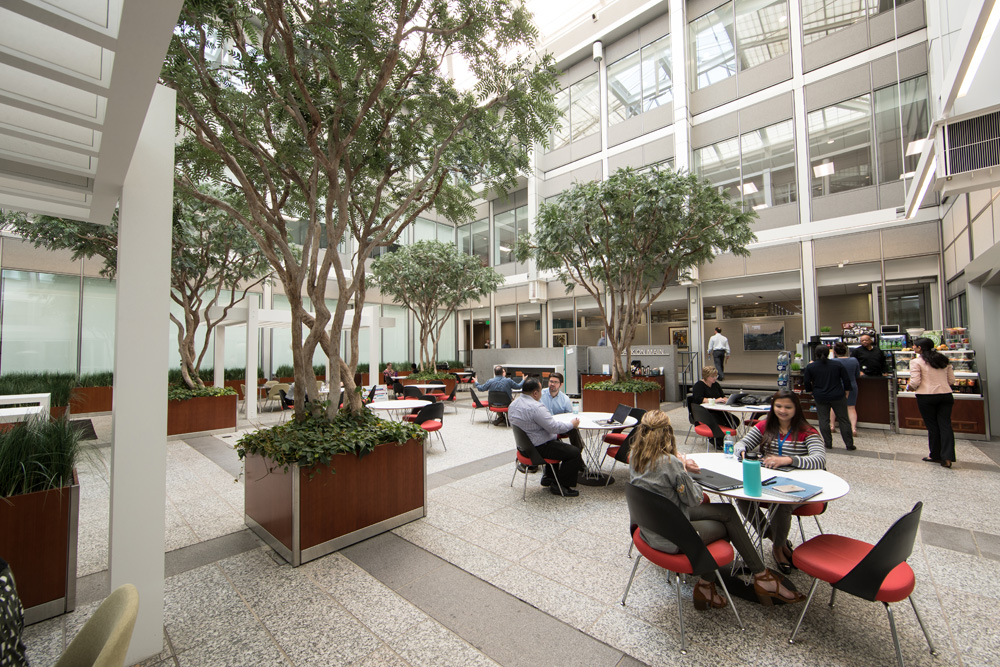 Employees working at tables at World Headquarters