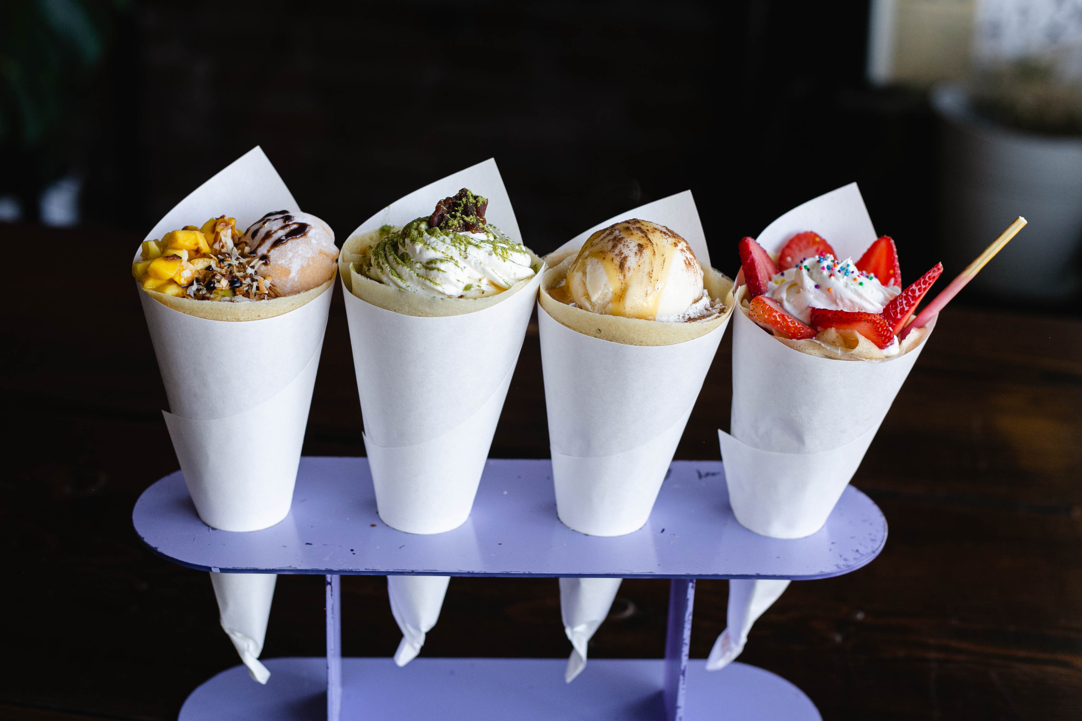 Four Ichigo Tokyo crepes with different flavors