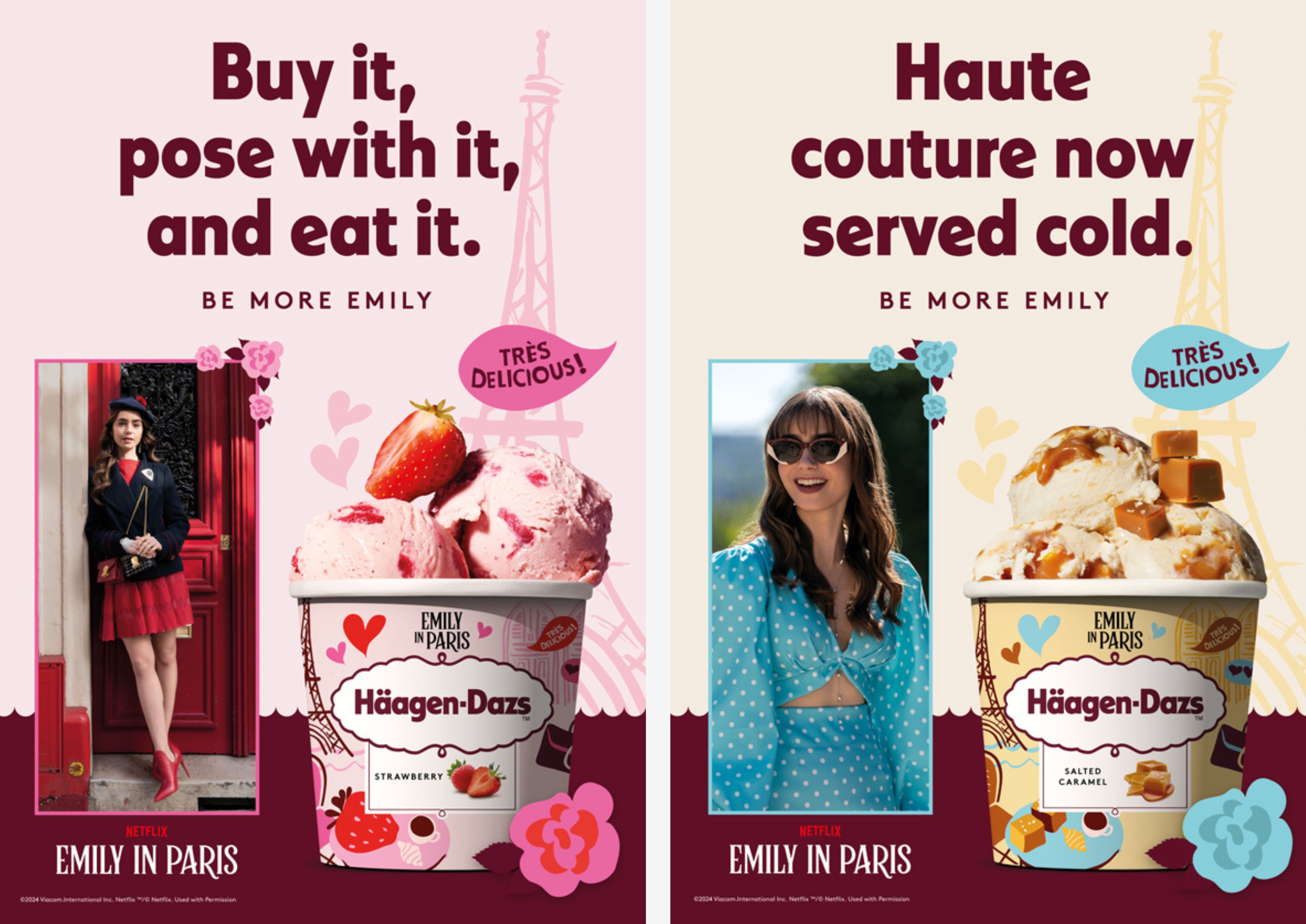 Emily in Paris x Haagen-Dazs Ice Cream Collection featuring Paris themed packaging for their Strawberry and Salted Caramel flavored pints.