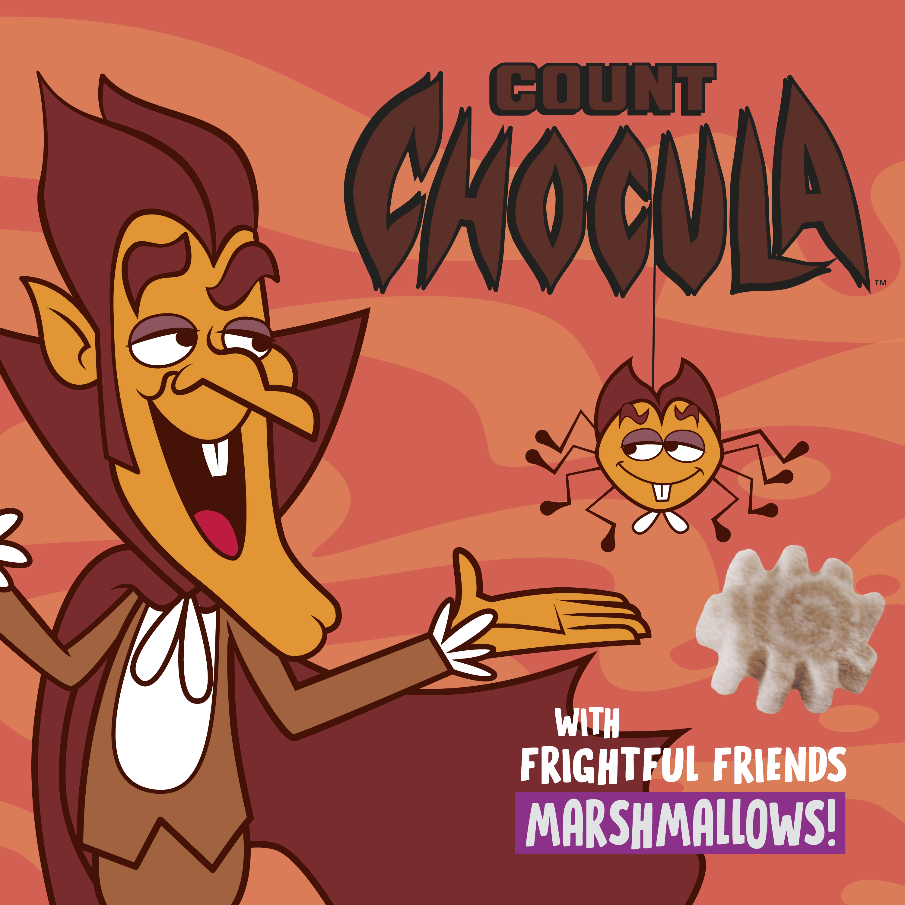 o Count Chocula excitedly presenting his pet Igor the Spider alongside a spider-shaped marshmallow. The image reads "with Frightful Friends Marshmallows!" set against an orange two-toned background.
