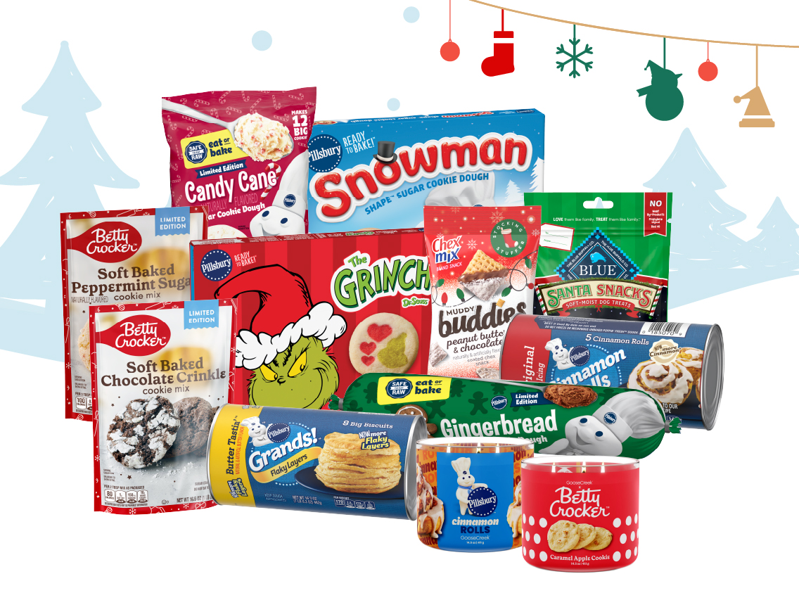 A grouping of holiday products on a snowy background