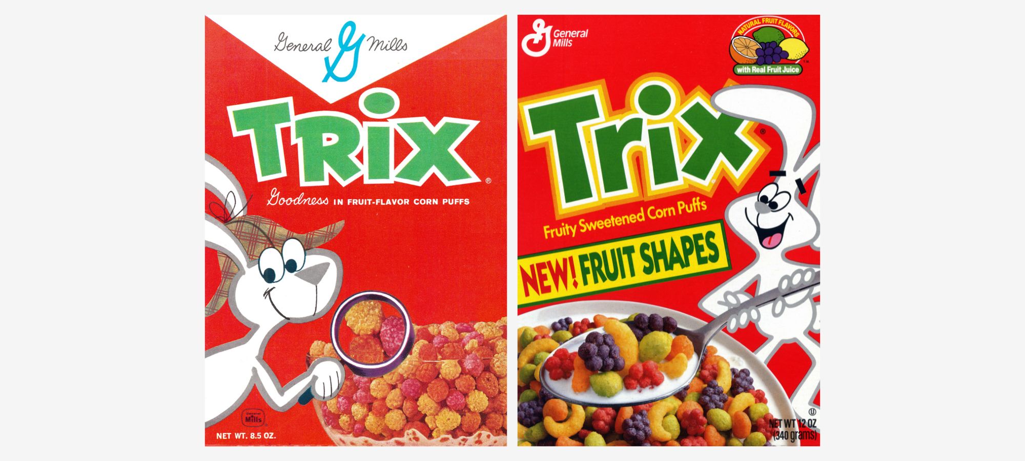 Two Trix cereal boxes. The older box on the left shows the Trix Rabbit looking at round, colorful cereal puffs through a magnifying glass. The newer box on the right shows the rabbit holding a spoonful of fruit-shaped Trix cereal.